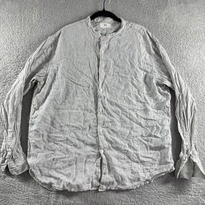 Uniqlo Shirt Mens Medium Stripe Button Up Roll Collar 100% Linen Long‎ Sleeve